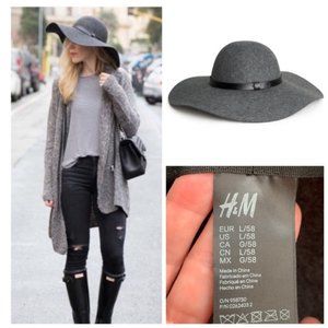 H&M 100% Wool Hat Grey Large Wide Brim Floppy